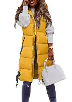 shownicer Weste Damen Lang Ärmellose Steppweste Daunenweste Kapuzenweste Lange Winteroberbekleidung Reißverschluss Mantel Outdoor Pufferweste Winter Leichte Winterweste A Gelb M von shownicer