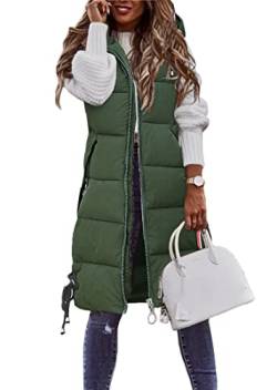 shownicer Weste Damen Lang Ärmellose Steppweste Daunenweste Kapuzenweste Lange Winteroberbekleidung Reißverschluss Mantel Outdoor Pufferweste Winter Leichte Winterweste A Grün XL von shownicer