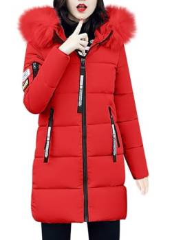 shownicer Wintermantel Damen Winter Jacken Lang Warm Daunenmantel mit Kapuze Elegant Winterjacke Steppmantel mit Fellkapuze Langer Outdoor Mantel Steppjacke A Rot M von shownicer