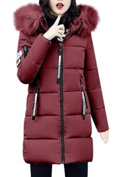 shownicer Wintermantel Damen Winter Jacken Lang Warm Daunenmantel mit Kapuze Elegant Winterjacke Steppmantel mit Fellkapuze Langer Outdoor Mantel Steppjacke A Weinrot S von shownicer