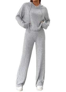 shownicer Zweiteiler Damen Strickanzug Langarm Gerippt Strickpullover + Lange Schlaghose Sportanzug Lounge Set Freizeit Outfit A Grau S von shownicer