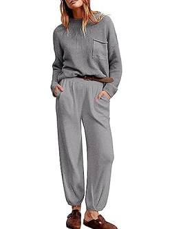 shownicer Zweiteilige Pullover Sets Damen Elegantes Lounge Outfit Langarm Strickpullover Top + Freizeithose Loungewear Einfarbig Trainingsanzug Streetwear A Grau L von shownicer