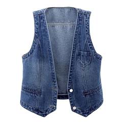 shownicer eansweste Damen Jübergröße Denim Jacke Ärmellos Beiläufige Jeansweste Denim Weste Vest Frühling Cardigan Top Outwear mit Loch Design B Blau XXL von shownicer