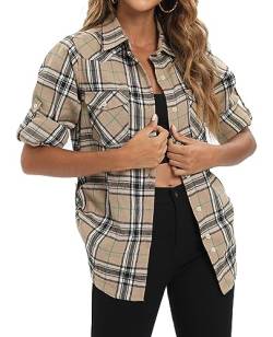 siliteelon Damen Kariertes Hemd Langarm Oktoberfest Khaki Bluse Karo Tunika Baumwolle Tops Casual Oberteile,M von siliteelon