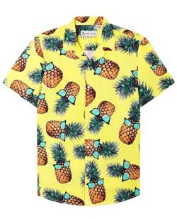 siliteelon Hawaii Shirt Männer Kurzarm Gelbe Ananas Baumwolle Regular Fit Herren Aloha Shirt Sommer Strand Surf für Urlaub,XL von siliteelon
