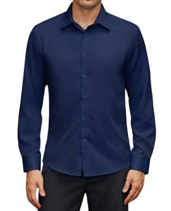 siliteelon Hemden Herren Langarm Marineblau Bügelfrei Casual Oberhemden Regular Fit Businesshemd Baumwolle Anzug Hemd,XL von siliteelon