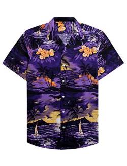 siliteelon Herren Hawaiihemd Outfit Lila Baumwolle Regular Fit Kurzarm Casual Strand Sommer Aloha-Hemd,2XL von siliteelon