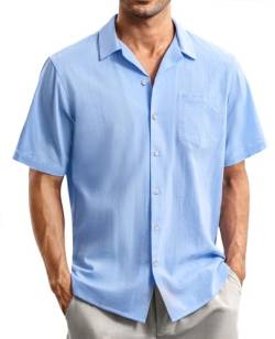 siliteelon Herren Hemd Kurzarm Blau Herren Hemden Sommer Leinenhemd Regular Fit Freizeithemd Casual Beach Shirt,3XL von siliteelon