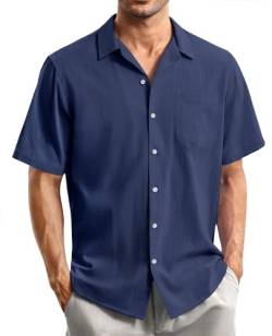 siliteelon Herren Hemd Kurzarm Dunkelblau Herren Hemden Sommer Leinenhemd Regular Fit Freizeithemd Casual Beach Shirt,L von siliteelon