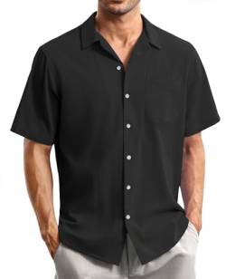 siliteelon Herren Hemd Kurzarm Schwarz Herren Hemden Sommer Leinenhemd Regular Fit Freizeithemd Casual Beach Shirt,3XL von siliteelon