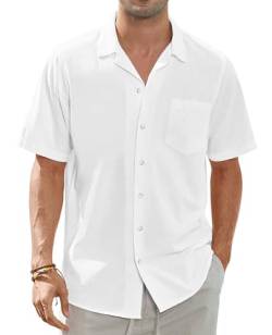 siliteelon Herren Hemd Kurzarm Weiß Herren Hemden Sommer Leinenhemd Regular Fit Freizeithemd Casual Beach Shirt,L von siliteelon