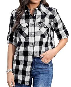 siliteelon Weiß Schwarz Damen Hemd Kariertes Baumwolle Freizeithemd Bluse Langarm Regular Fit Flanellhemden,XL von siliteelon