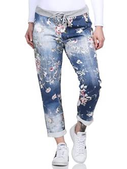 Damen Jogginghose im Boyfriend-Style Sweatpants für Freizeit Sport und Fitness 2581 (as3, Numeric, Numeric_42, Numeric_46, Regular, Regular, Dunkelblau/Blume) von simaranda