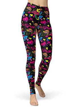 sissycos Damen 80er Artistic Leggings, Bunte Print Sanft Hohe Taille Lang Regular und Plus Size(Splash Lips,S) von sissycos