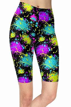 sissycos Damen 80ers Splash Printed Biker Shorts Bunt Kurze Leggings Soft Hose(S-L,Neon Splatter) von sissycos