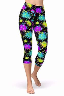 sissycos Damen Artistic Print Capri Leggings, 80er Jahre Hohe Taille Tie Dye Splash Sanft 3/4 Hosen(Neon Splatter,S-L) von sissycos