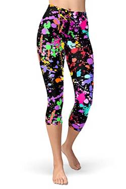 sissycos Damen Artistic Print Capri Leggings, 80er Jahre Hohe Taille Tie Dye Splash Sanft 3/4 Hosen(tie dye schwarz,L-XXL) von sissycos