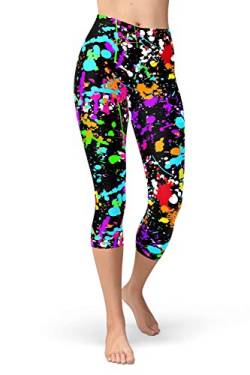 sissycos Damen Artistic Print Capri Leggings, 80er Jahre Hohe Taille Tie Dye Splash Sanft 3/4 Hosen (L-XXL, schwarzer Spritzer, l) von sissycos