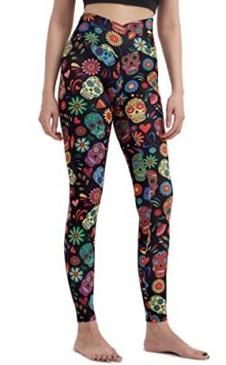 sissycos Damen Halloween Leggings Bedruckte Bunte Horror Skinny Soft Stretch Lang Hose(Zuckerschädel,L) von sissycos