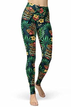 sissycos Damen Halloween Leggings Toter Kopf Geister Kürbis 3D Muster, Creepy Schädel Kostüm für Parties Tag der Toten, All Hallows' Day,Parade, Mas(Hawaiian Tropical mit Tiki-Maske,L-XXL) von sissycos