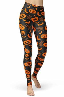 sissycos Damen Halloween Leggings Toter Kopf Geister Kürbis 3D Muster, Creepy Schädel Kostüm für Parties Tag der Toten, All Hallows' Day,Parade, Mas(Kürbislaterne und Spinnennetz,S-L) von sissycos