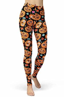 sissycos Damen Halloween Leggings Toter Kopf Geister Kürbis 3D Muster, Creepy Schädel Kostüm für Parties Tag der Toten, All Hallows' Day,Parade, Mas,(Spinnennetz mit Kürbissen und Blumen,L-XXL) von sissycos