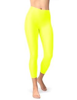 sissycos Damen Neon 3/4 kurz Leggings sanft Elastische Taille Leggings(Neon Gelb,S/L) von sissycos