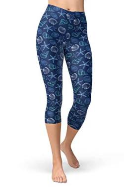 sissycos Damen Ozean Printed Capri Leggings 3/4 Hosen Bunte Koralle Sanft Workout Pants(Blaue Muschel,L/XXL) von sissycos