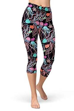 sissycos Damen Ozean Printed Capri Leggings 3/4 Hosen Bunte Koralle Sanft Workout Pants(Blaue Qualle,S/L) von sissycos