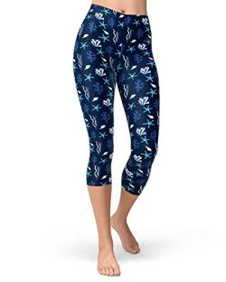 sissycos Damen Ozean Printed Capri Leggings 3/4 Hosen Bunte Koralle Sanft Workout Pants(Blauer Seestern,S/L) von sissycos