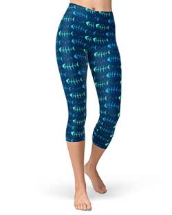 sissycos Damen Ozean Printed Capri Leggings 3/4 Hosen Bunte Koralle Sanft Workout Pants(Fischskelette,L/XXL) von sissycos