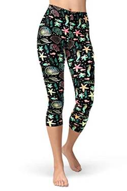 sissycos Damen Ozean Printed Capri Leggings 3/4 Hosen Bunte Koralle Sanft Workout Pants(Meeresmotive,S/L) von sissycos