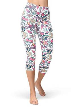 sissycos Damen Ozean Printed Capri Leggings 3/4 Hosen Bunte Koralle Sanft Workout Pants(Quallen & Tintenfisch,L/XXL) von sissycos