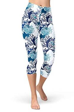 sissycos Damen Ozean Printed Capri Leggings 3/4 Hosen Bunte Koralle Sanft Workout Pants(Üppige Koralle,S/L) von sissycos