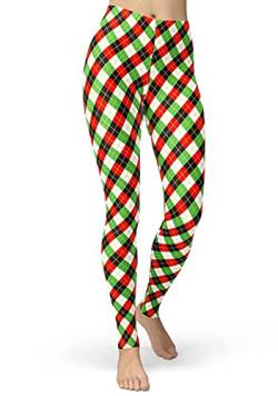 sissycos Damen Plaid Leggings, Tartan Karo Leggings mit für Damen, Yoga Mädchen Fashion Stretch Leggins Lang(Grüne rote und weiße Quadrate,L-XXL) von sissycos