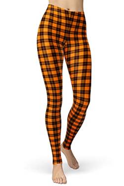 sissycos Damen Plaid Leggings, Tartan Karo Leggins Hosen für Damen, Yoga Mädchen Fashion Stretch Tight Lang (Oranges Gitter, S-L) von sissycos