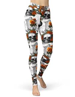 sissycos Damen Schädel Bedruckt Leggings, Bunte Skull Sanft Elastisch Hohe(Orangefarbener Rosen-Totenkopf,XXL) von sissycos