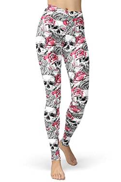 sissycos Damen Schädel Bedruckt Leggings, Bunte Skull Sanft Hosen Lang(Blume Skull-Rosa,S-L) von sissycos