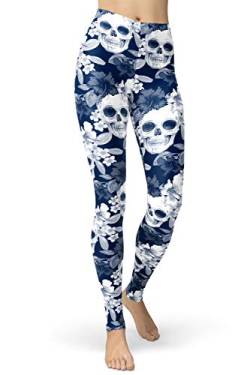 sissycos Damen Schädel Bedruckt Leggings, Bunte Skull Sanft Hosen Lang(Dunkelblauer Schädel,L-XXL) von sissycos