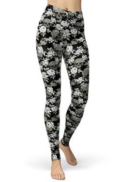 sissycos Damen Schädel Bedruckt Leggings, Bunte Skull Sanft Hosen Lang(Schwarzweiss-Schädel,L-XXL) von sissycos