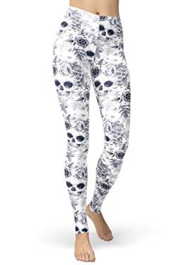 sissycos Damen Schädel Bedruckt Leggings, Bunte Skull Sanft Hosen Lang(Weiß Blatt Skull,L-XXL) von sissycos