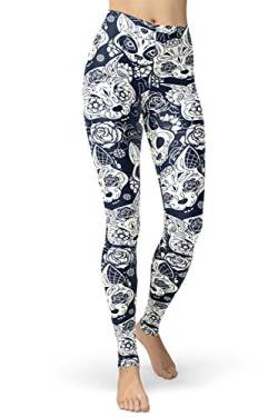 sissycos Damen Schädel Bedruckt Leggings, Bunte Skull Sanft Hosen Lang (L-XXL, Schädel Katzen Leggings) von sissycos