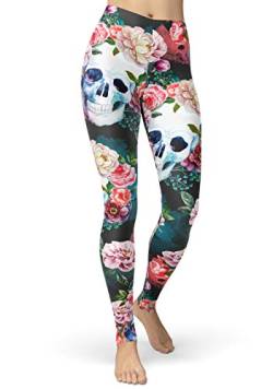 sissycos Damen Schädel Bedruckt Leggings, Bunte Skull Strumpfhosen Sanft Hosen Lang (Blumen und Schädel,L) von sissycos