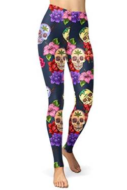 sissycos Damen Schädel Bedruckt Leggings, Bunte Skull Strumpfhosen Sanft Hosen Lang (Blumenschädel,L) von sissycos