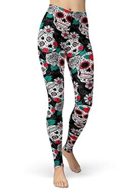 sissycos Damen Schädel Bedruckt Leggings, Bunte Skull Strumpfhosen Sanft Hosen Lang (Cartoon Totenkopf & Blumen, M) von sissycos