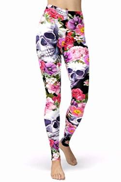 sissycos Damen Schädel Bedruckt Leggings, Bunte Skull Strumpfhosen Sanft Hosen Lang (Schädel Leggings Blumen,M) von sissycos