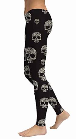 sissycos Damen Schädel Bedruckt Leggings, Bunte Skull Strumpfhosen Sanft Hosen Lang (Schädel schwarz,L) von sissycos