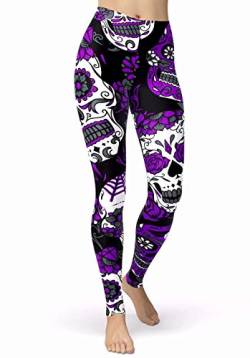 sissycos Damen Schädel Bedruckt Leggings, Bunte Skull Strumpfhosen Sanft Hosen Lang (Skull Legging-lila,S) von sissycos