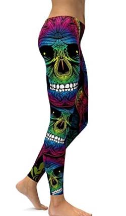 sissycos Damen Schädel Bedruckt Leggings, Bunte Skull Strumpfhosen Sanft Hosen Lang (Skull Leggings bunt,S) von sissycos