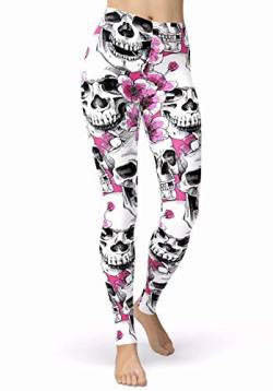 sissycos Damen Schädel Bedruckt Leggings, Bunte Skull Strumpfhosen Sanft Hosen Lang (Skull Leggings-rosa Blume,XXL) von sissycos